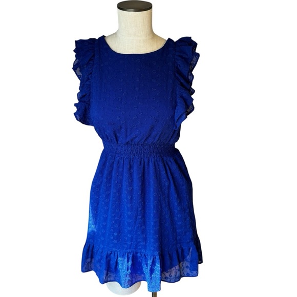 BB Dakota Steve Madden Royal Blue Eyelet Ruffle Flutter Sleeve Mini Dress Sz S - Picture 1 of 9